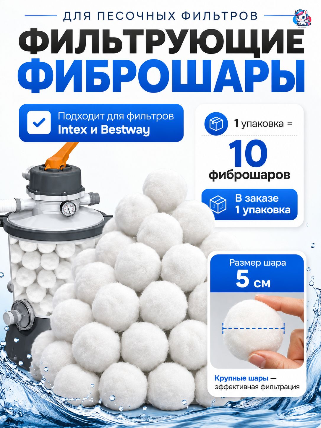 Наполнитель для песочного фильтра бассейна Vommy, синтепоновые шарики (заменяет 10 кг песка), фильтрующий элемент для очистки воды