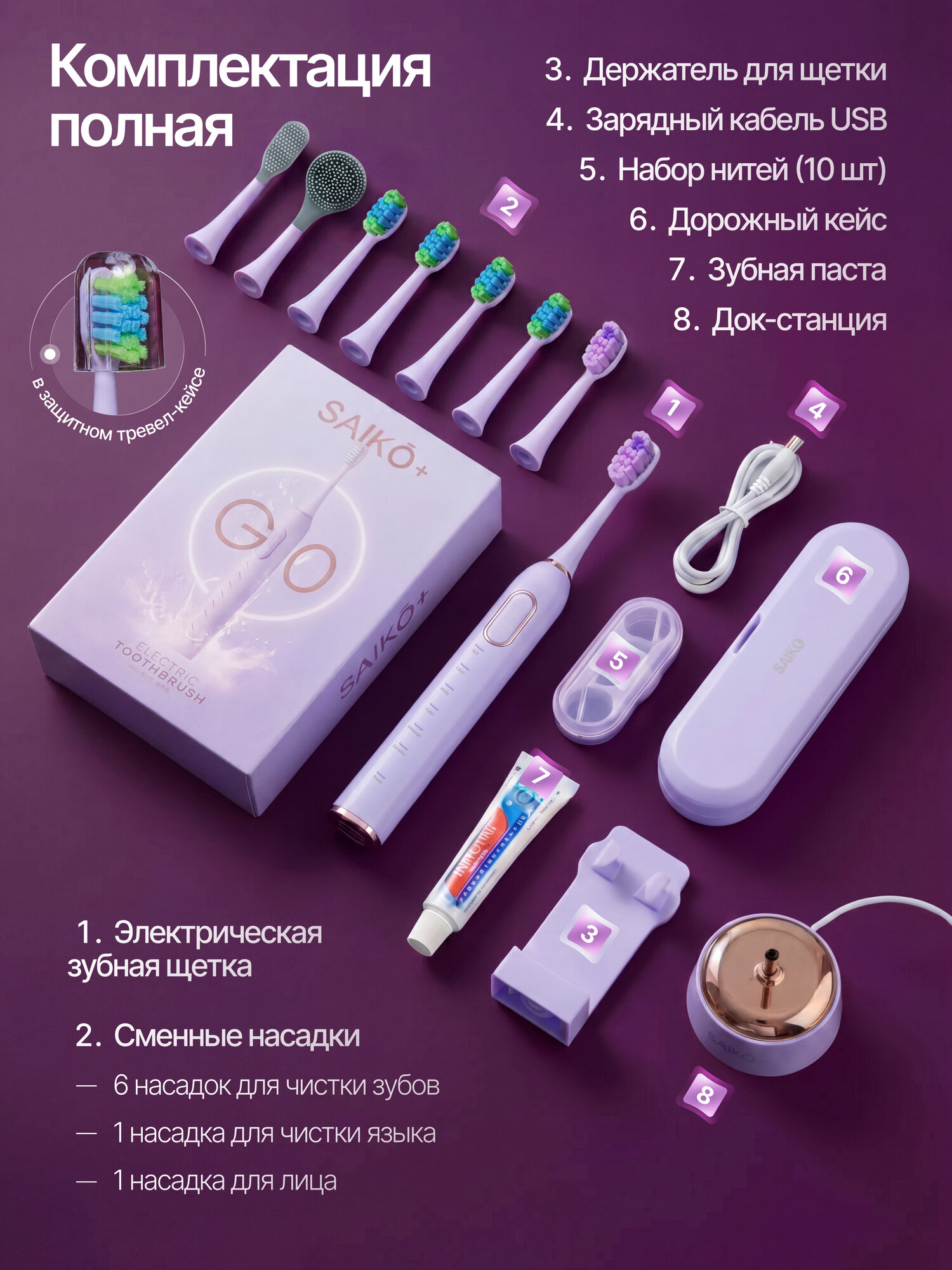 Электрическая звуковая зубная щетка SAIKO с 8 насадками и дорожным кейсом, лиловая — фото 1