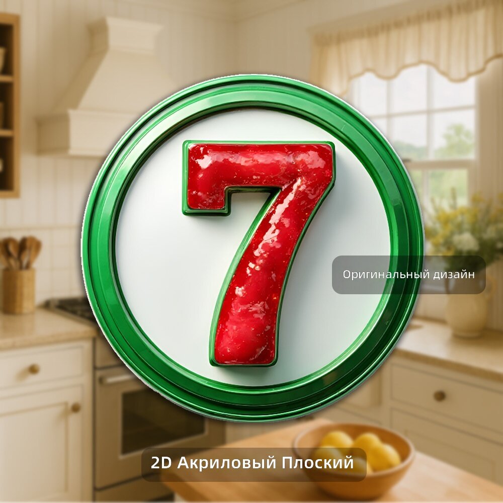 Акриловый магнит на холодильник 1 шт, круглый с цифрой 7, красно-зеленая полосатая расцветка, 8 см