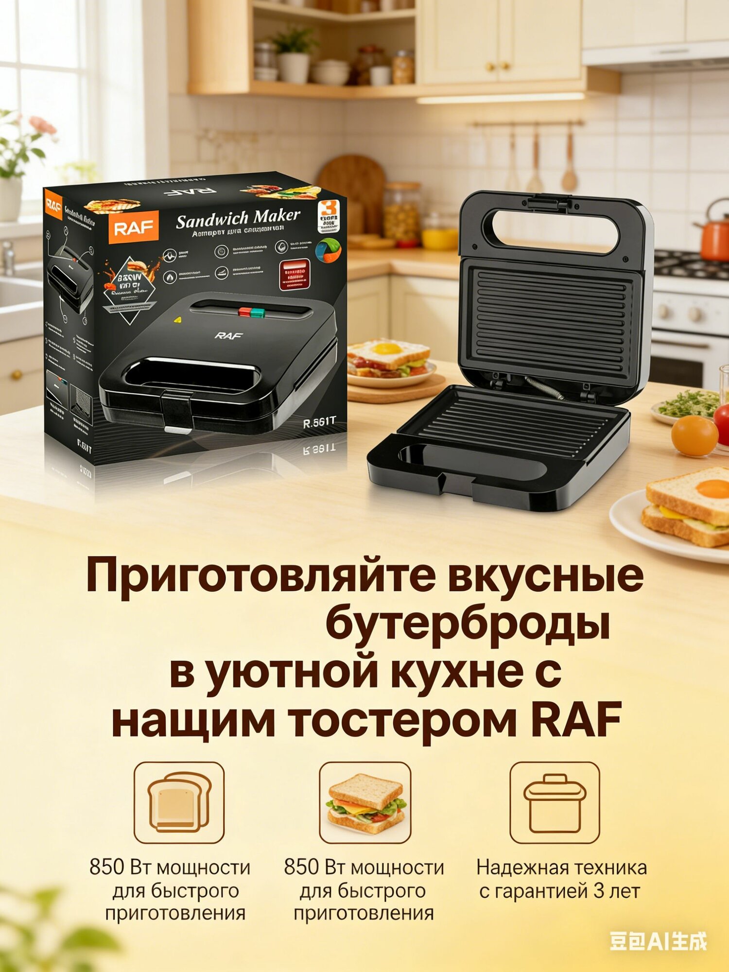 Бытовой аппарат для приготовления хлеба, тостов, вафель, сэндвичей и мясных блюд на гриле