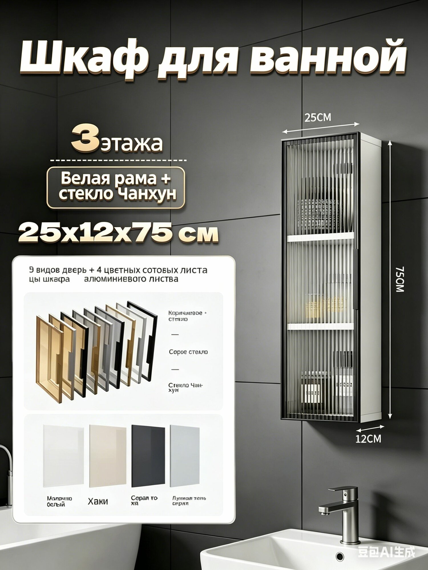 Шкаф для ванной, 25х12х75 см, Универсальный