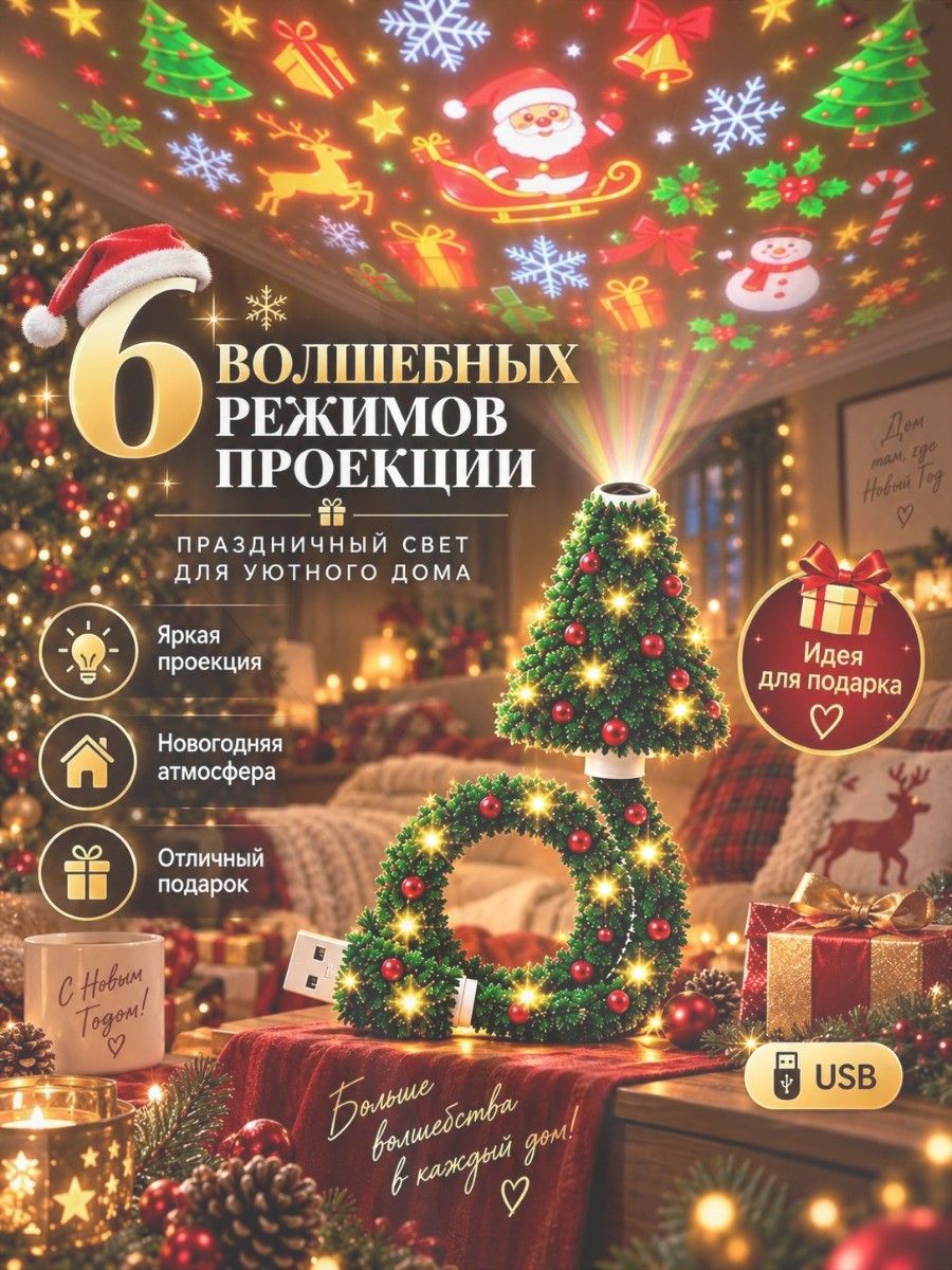 Светильник-проектор рождественских и новогодних изображений, LED ночник с 6 слайдами, 3D-эффект для спальни, детской и праздничного интерьера