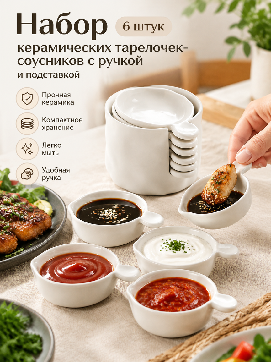 Набор керамических тарелочек-соусников с ручкой и подставкой, 6 штук, молочно-белого цвета