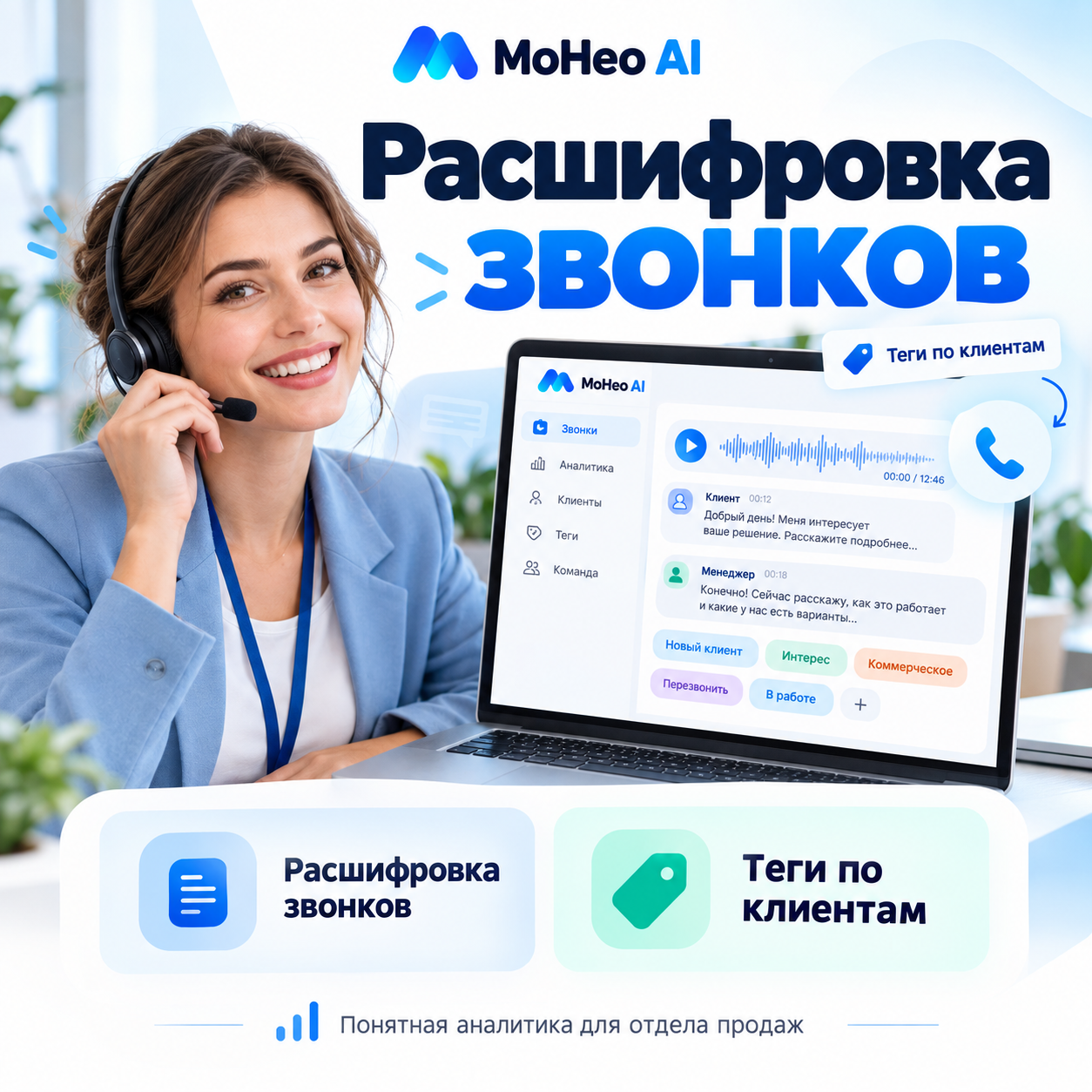 MoHeo AI-звонки — анализ звонков отдела продаж, пакет 10 000 минут