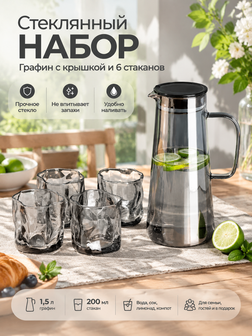 Набор стеклянный: графин 1,5 л с крышкой и 6 стаканов, кувшин для воды и сока, серый