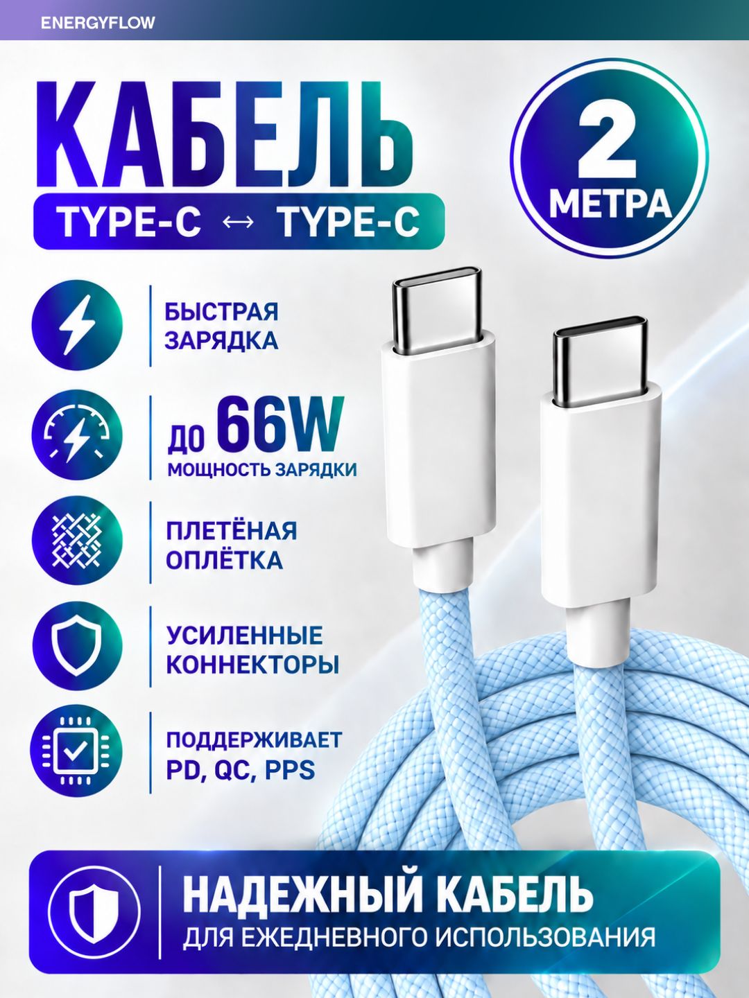 Кабель Type-C Type-C 2м голубой / Провод для быстрой зарядки 60W / USB C для iPhone, Samsung, Xiaomi
