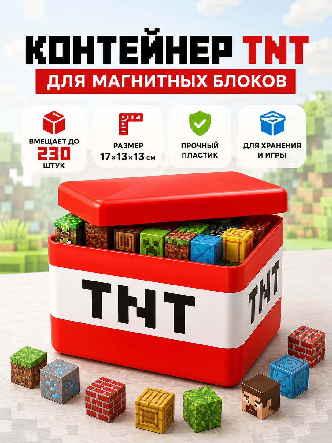 Контейнер для хранения магнитного конструктора Minecraft TNT, бокс для блоков Майнкрафт, дизайн ТНТ, на 230 деталей