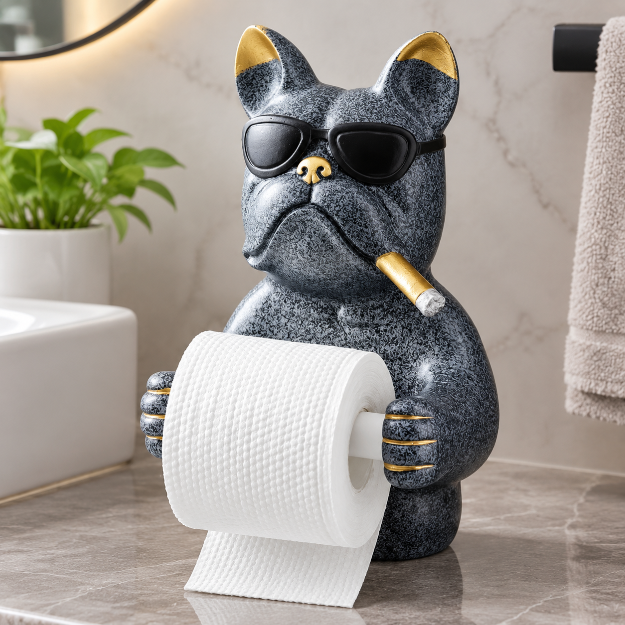 Unique Bulldog Design Paper Roll Organizer Countertop Restroom Toilet Paper Stand Light Grey Finish Sturdy Resin Craft Creative Bathroom Storage Decor 17x13x24 cm One Pack