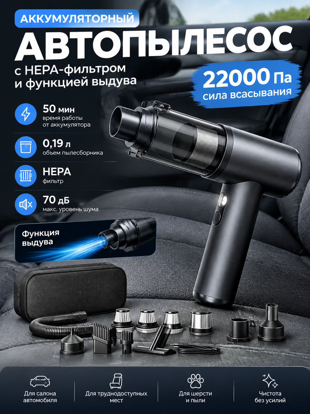 Аккумуляторный автопылесос 22000 Па с HEPA-фильтром и функцией выдува