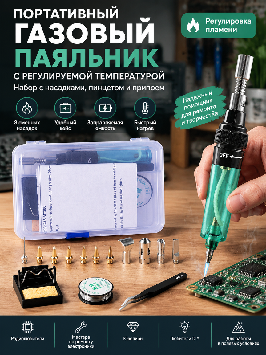 Портативный газовый паяльник с регулируемой температурой, набор с насадками, пинцетом и припоем