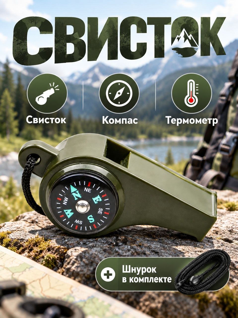 Свисток 3 в 1 с компасом и термометром