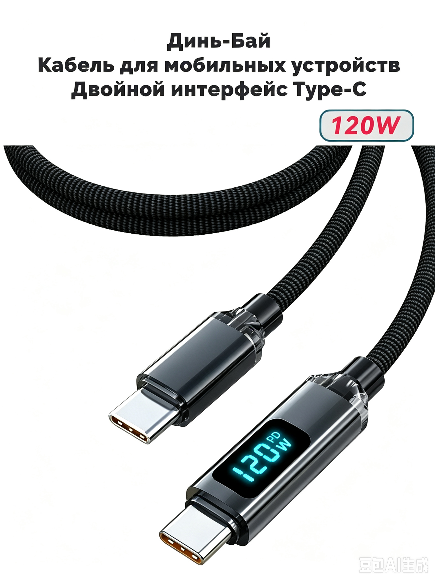 Цифровой дисплей Быстрая зарядка Кабель для мобильных устройств Двойной интерфейс Type-C, 1M, черное
