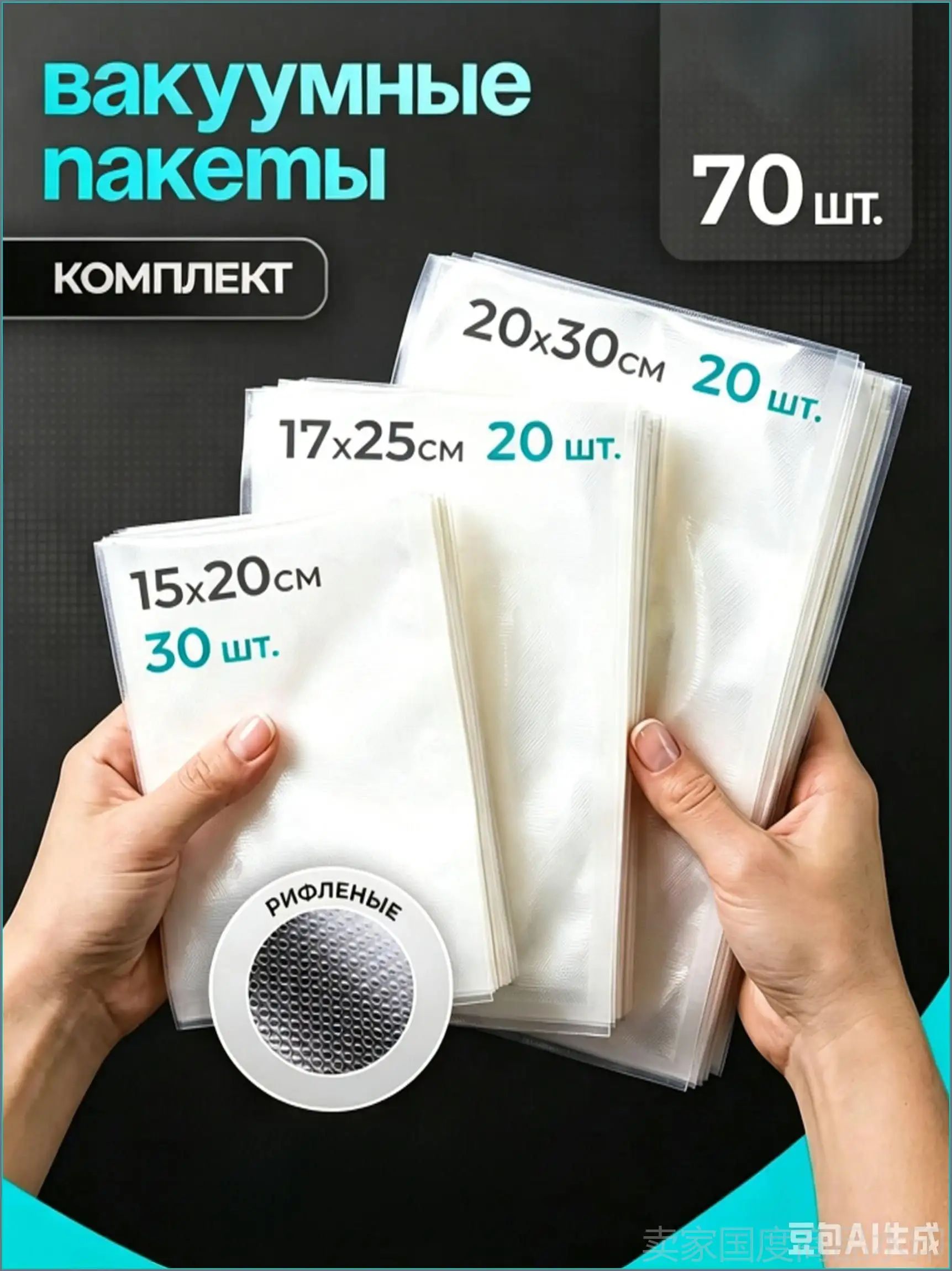 Пакеты для вакууматора рулон, 160 мкм, 15*20 см, 17*25 см, 20*30 см, 90 шт.