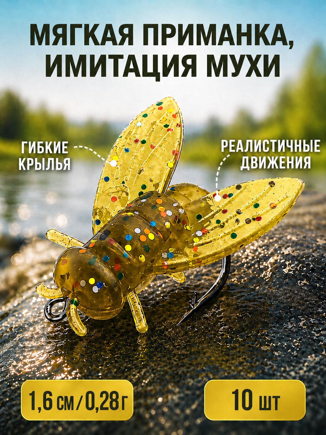 Рыболовная реалистичная, мягкая приманка Micro Bait Fly, имитация мухи, для белого карася и мандаринки 1,6 см/0,28 г, 10 шт, коричневая