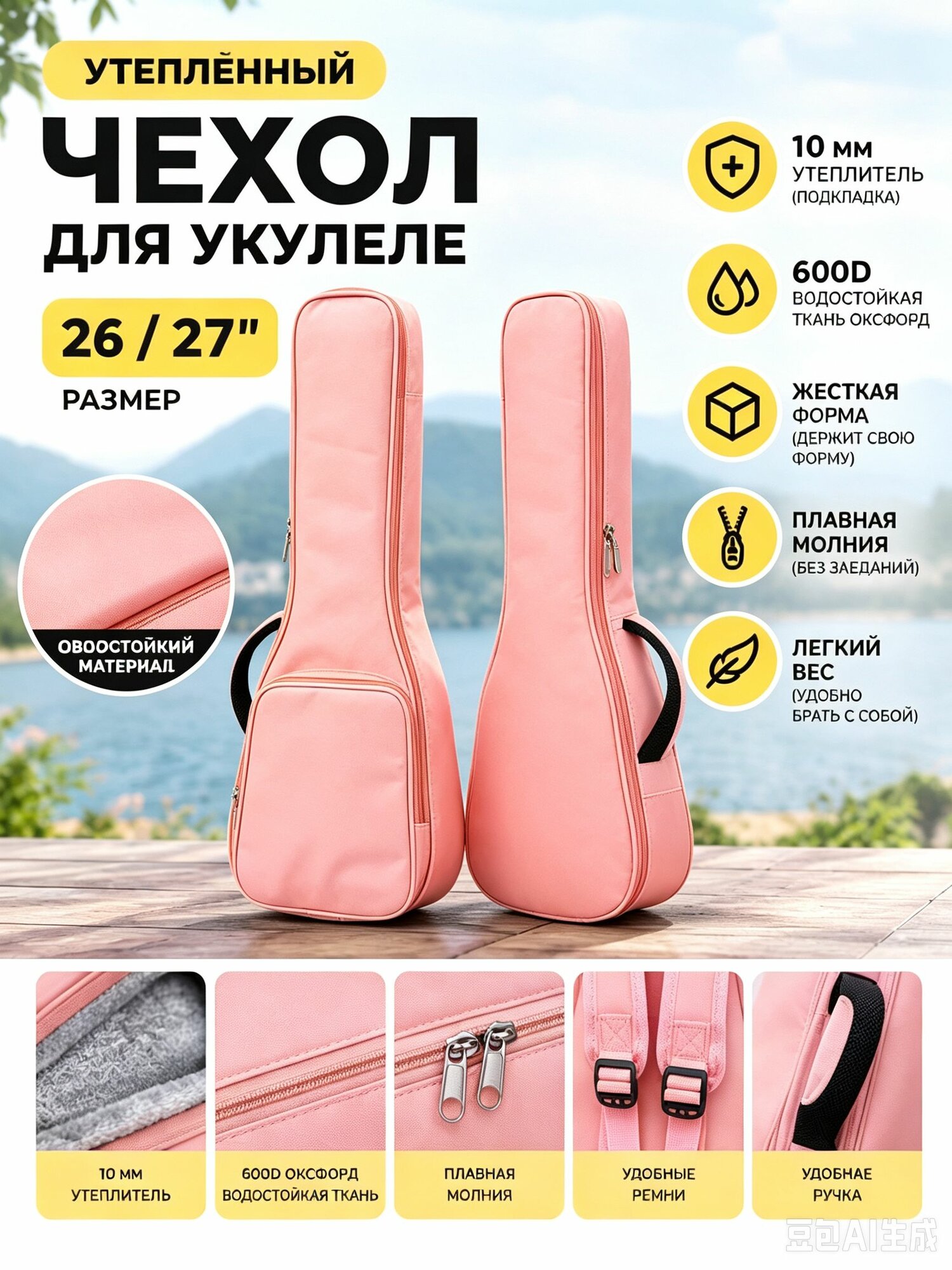 Чехол утепленный для укулеле 26-27 дюйма (концерт), водонепроницаемый оксфорд с уплотнителем 10 мм
