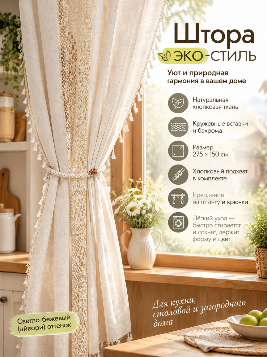 Кухонная штора эко-стиль 275х150 см, айвори светло-бежевая, с хлопковым подхватом в наборе