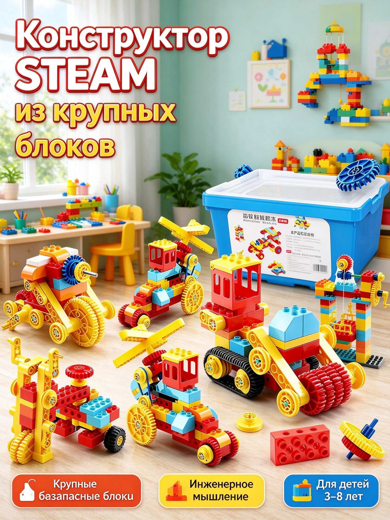 Конструктор крупные блоки, STEAM, ведро