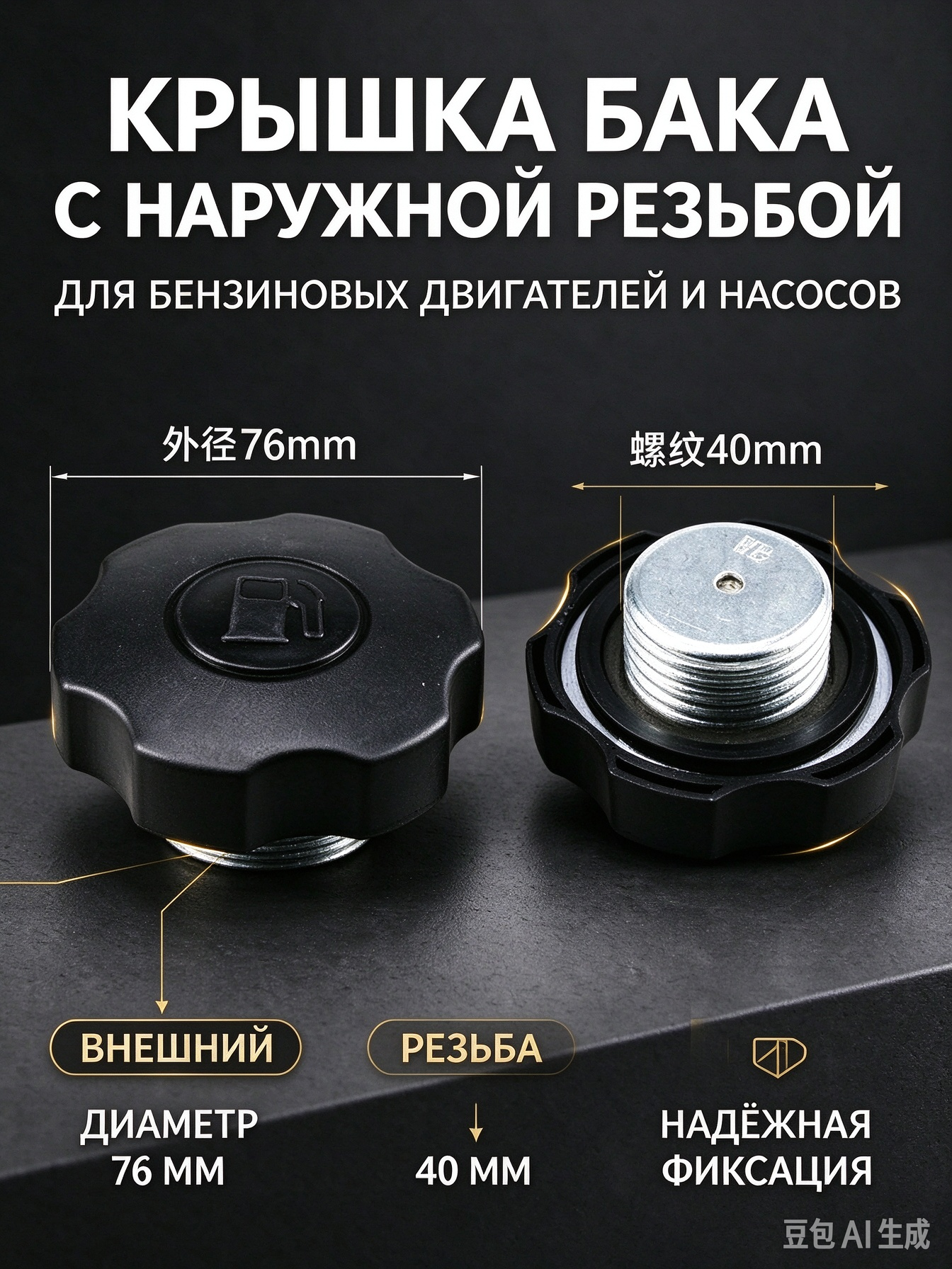 Крышка топливного бака внешняя резьба 76/40 мм, комплект 3 шт, для мотоблока, бензогенератора, насоса, дизельного двигателя