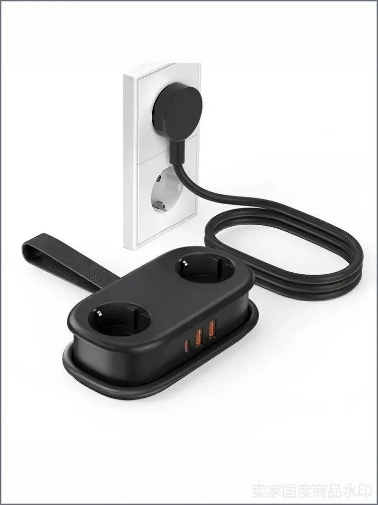 Удлинитель USB-C PD 20W для круизов и путешествий, портативный разветвитель с намоткой кабеля, плоская вилка, 2 розетки + 3 USB, черный