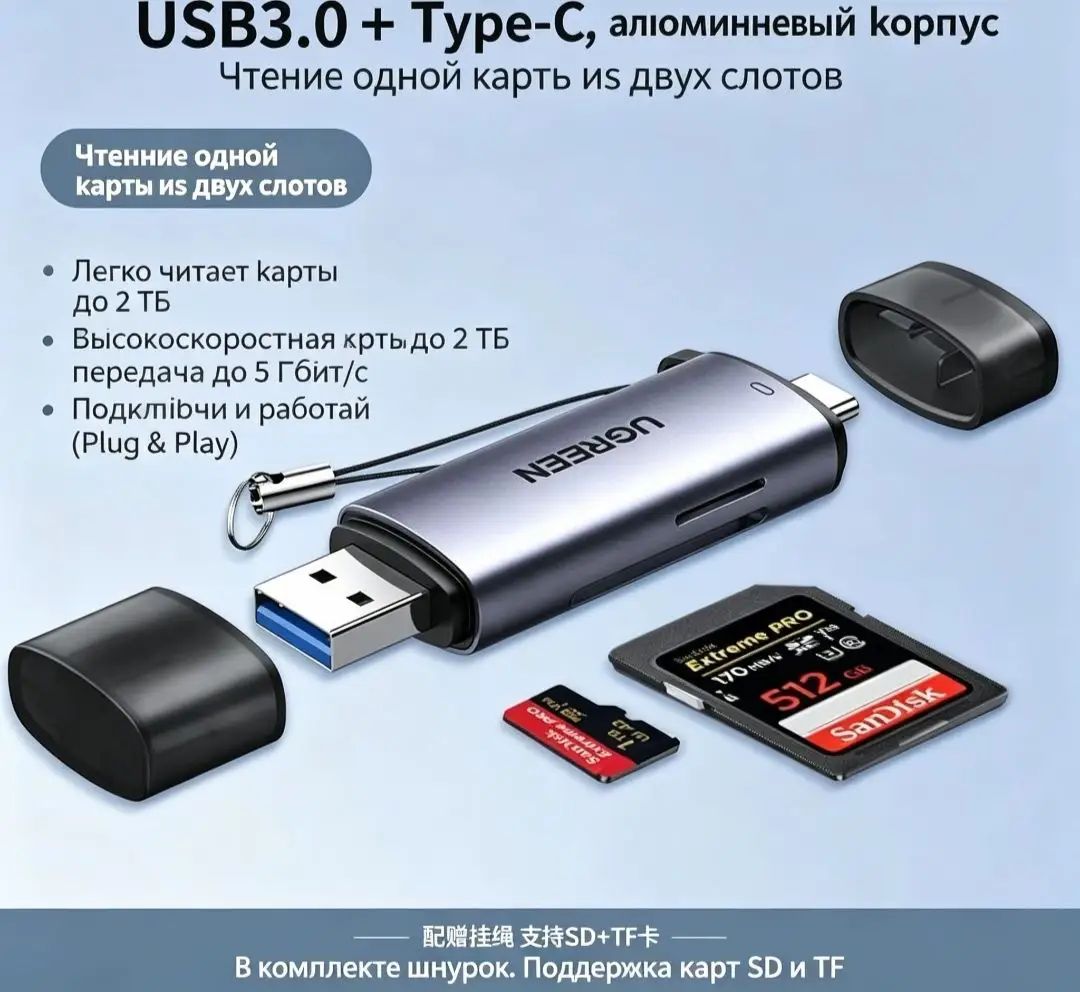 Картридер Micro SD + SD UGREEN CM185 (USB-A 3.0 + USB-C 3.1 Gen1), 5Gbps, до 170mb/s