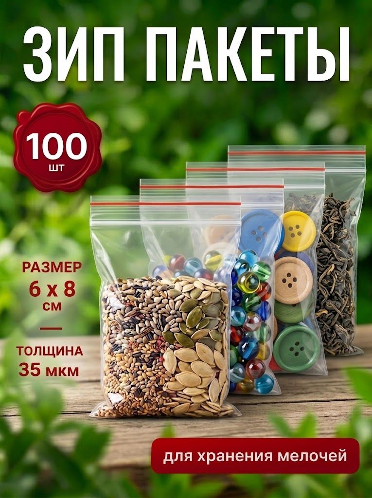 Зип пакеты маленькие, 6х8, 100шт