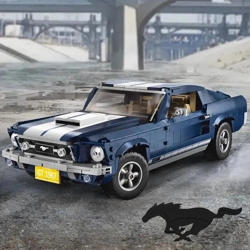 Конструктор Ford Mustang 1967, 1471 деталь, синий автомобиль с белыми полосами, подарок детям и взрослым
