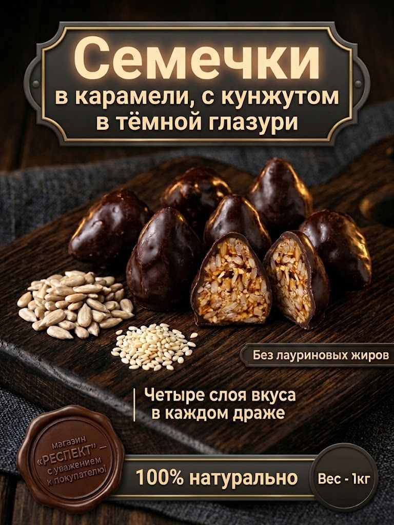 Грильяж "Грани вкуса" семечки в карамели с кунжутом в тёмной глазури 1кг/Россия