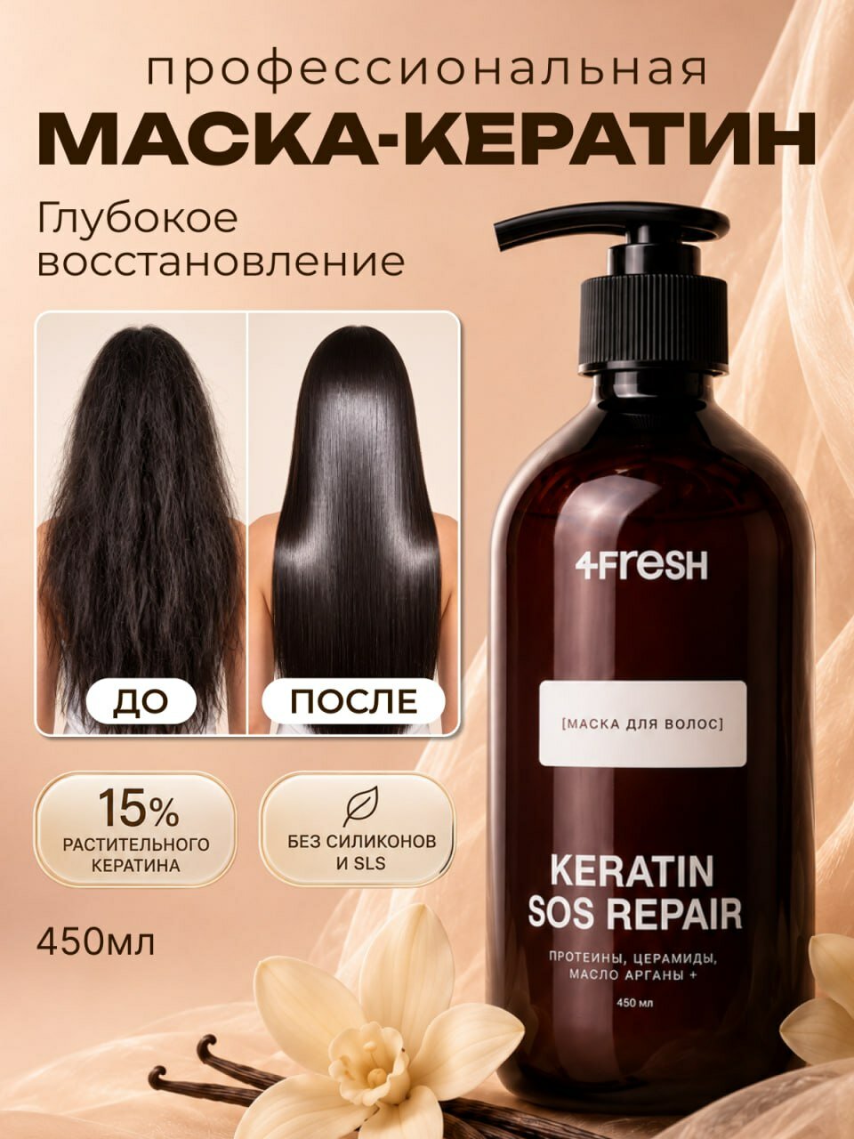 Маска для волос восстанавливающая профессиональная с кератином 4FRESH "Экстрапитание и восстановление" для окрашенных, сухих, поврежденных волос, питательная, протеиновая, 450 мл