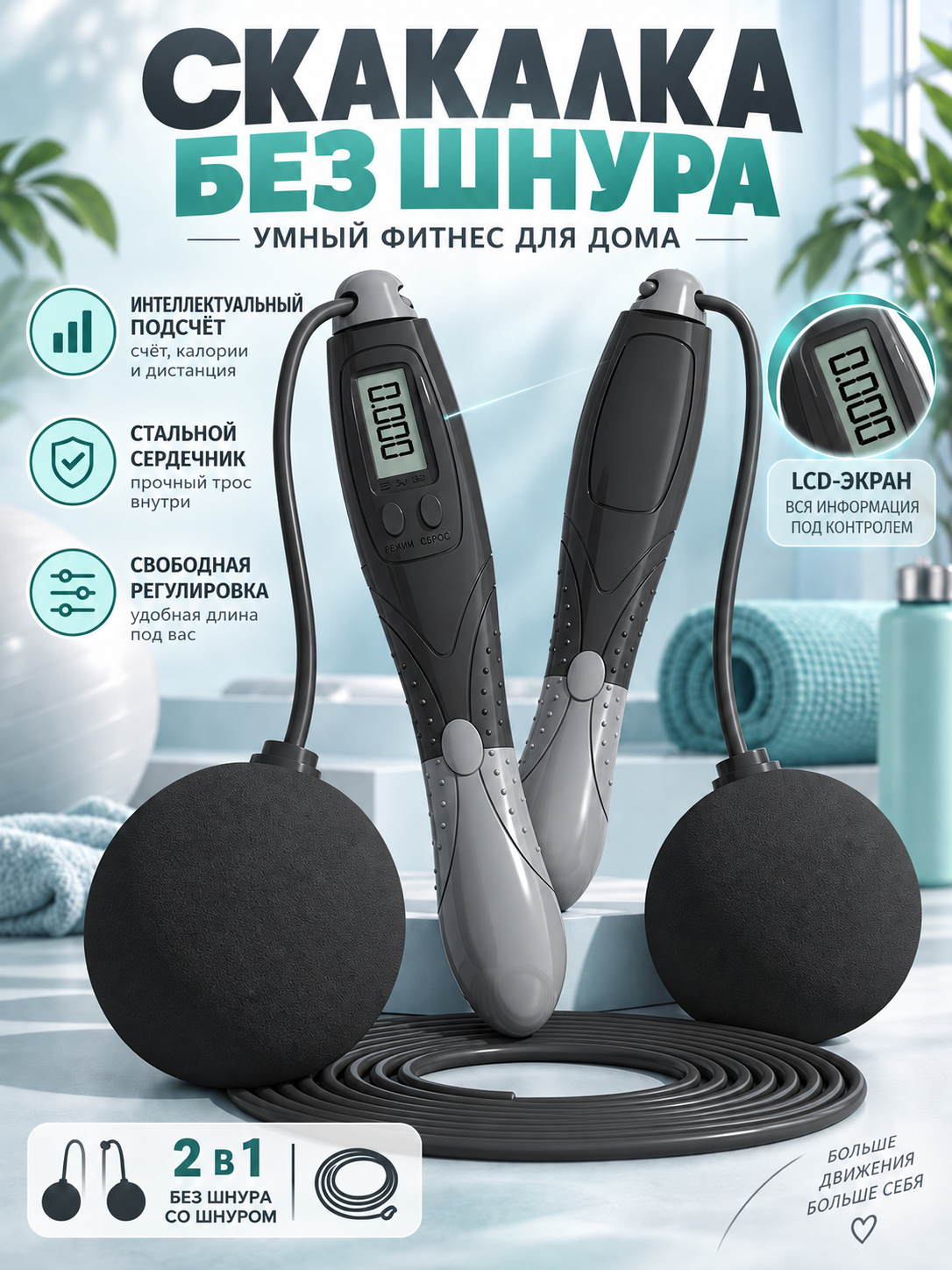 Скакалка без шнура 2в1 с стальным сердечником, фитнес скакалка с дисплеем, для кардиотренировок дома и в спортивном зале