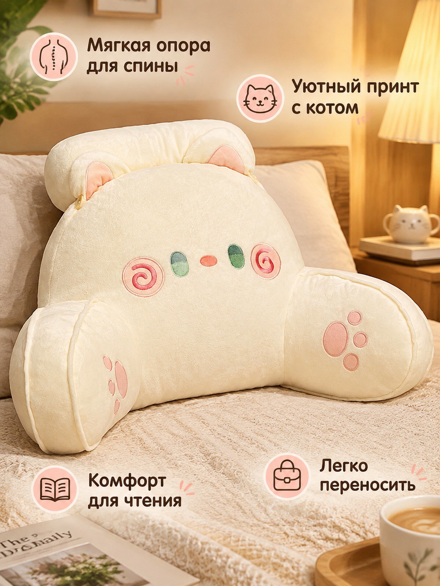 Декоративная подушка для спины с принтом кота, мягкая опора для чтения и отдыха, белый, 40 см