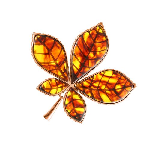 фото Брошь diamant online, серебро, 925 проба, золочение, янтарь, размер 5 см., , коричневый