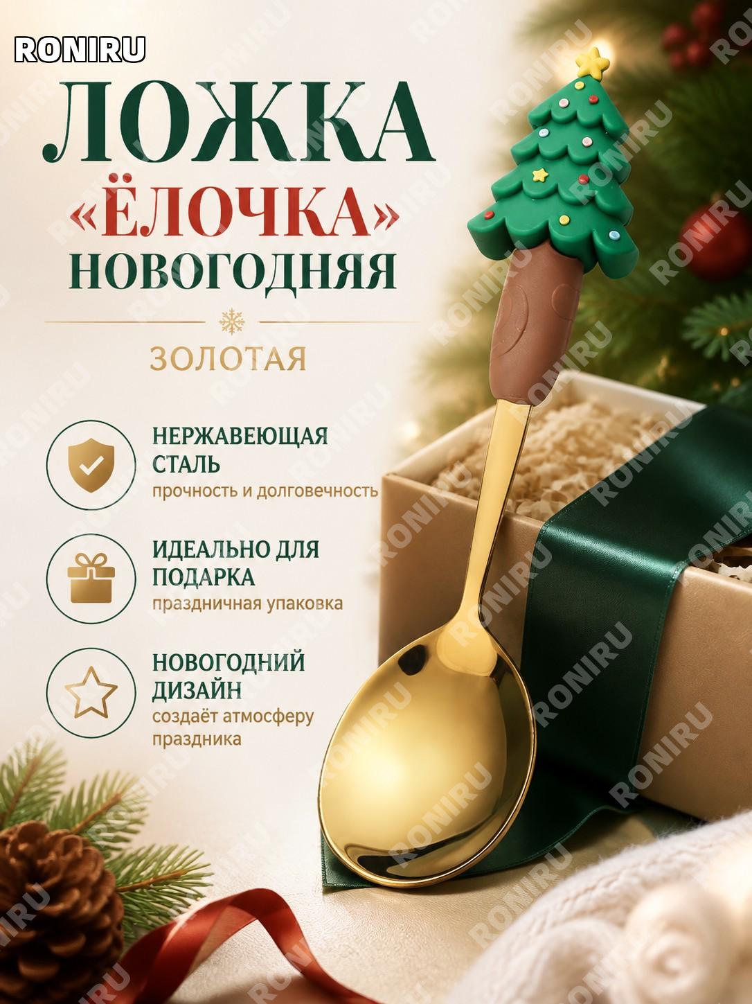 Ложка в виде ёлки золотая, новогодняя десертная ложка фигурка из нержавеющей стали, праздничный подарок к празднику
