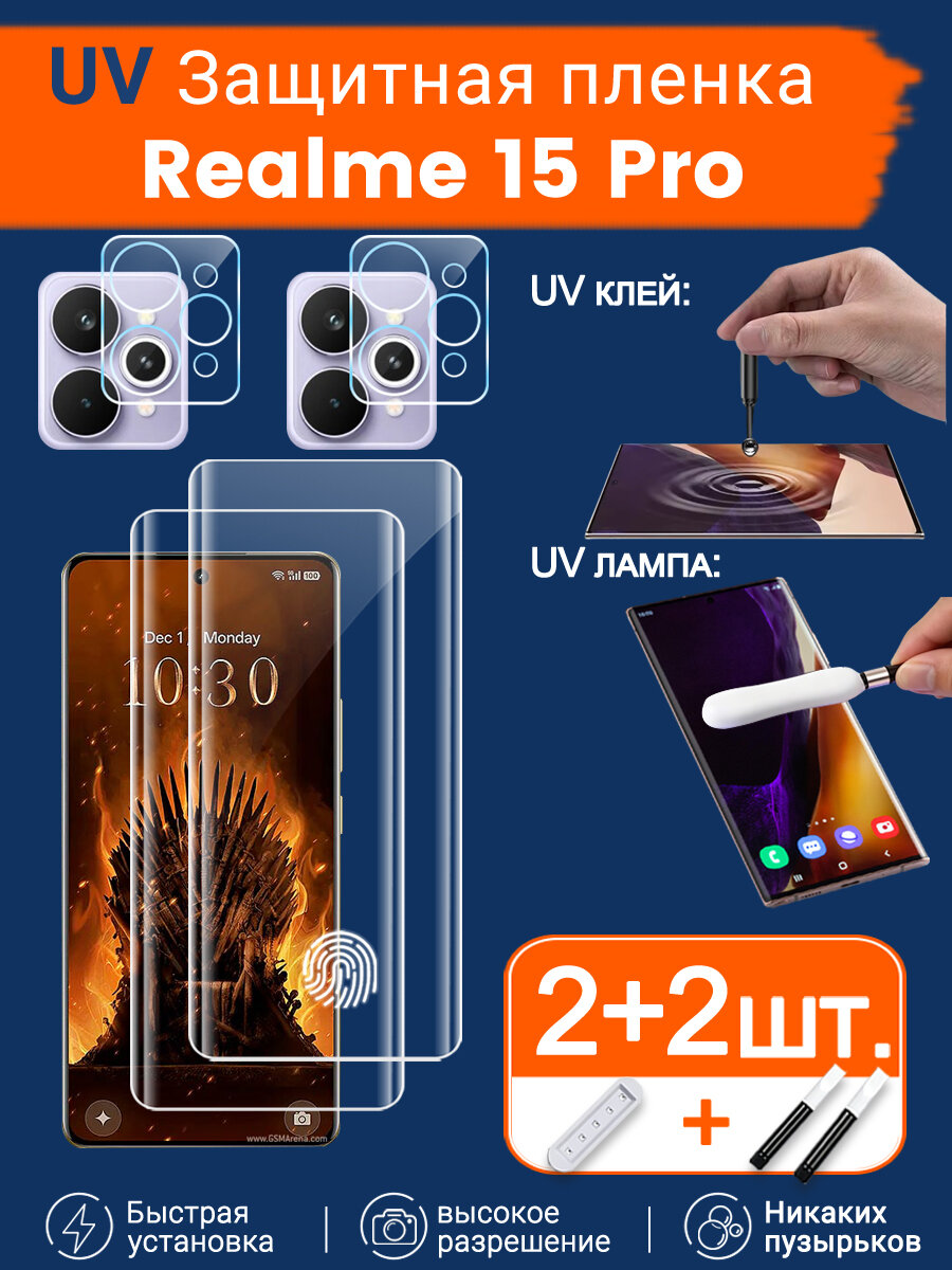 2+2 шт. UV Защитное стекло + камеру на Realme 15 Pro, Антивзрывное + Антибликовое + С гидрофобным покрытием