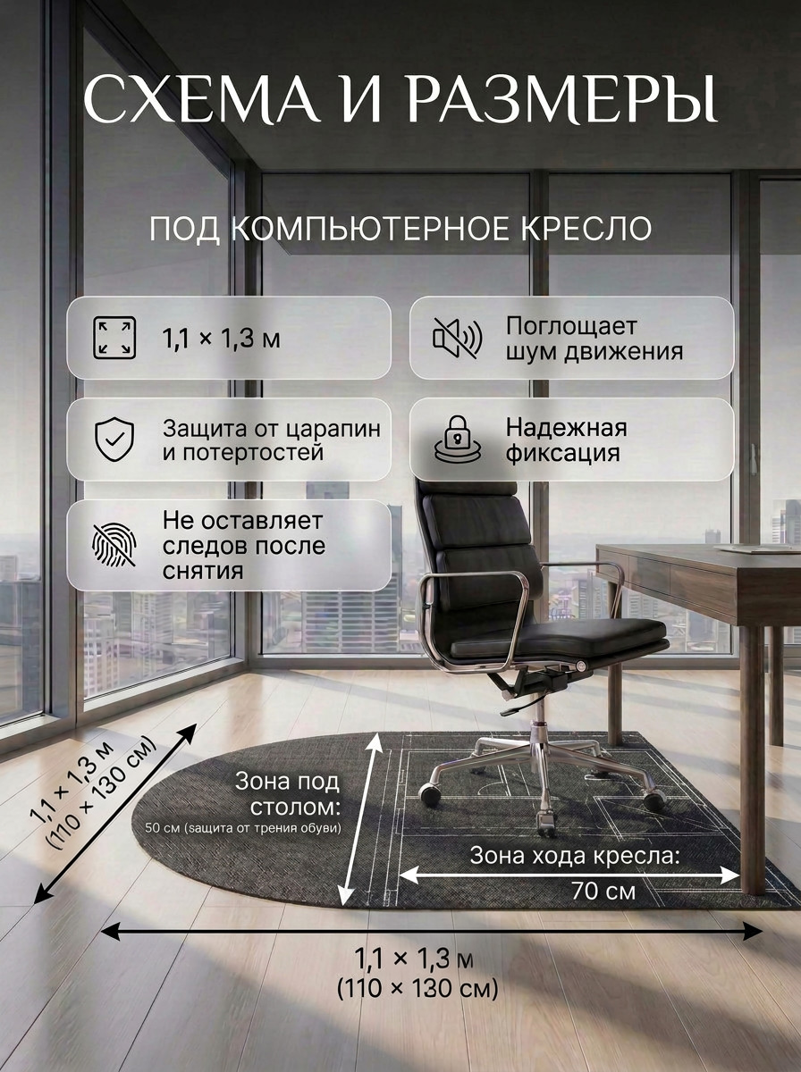 Защитный коврик под компьютерное кресло. 110х130 см Арочный антискользящий ковер на пол под стол и офисный стул на колесиках. Ковровое напольное покрытие для комнаты дома и офиса