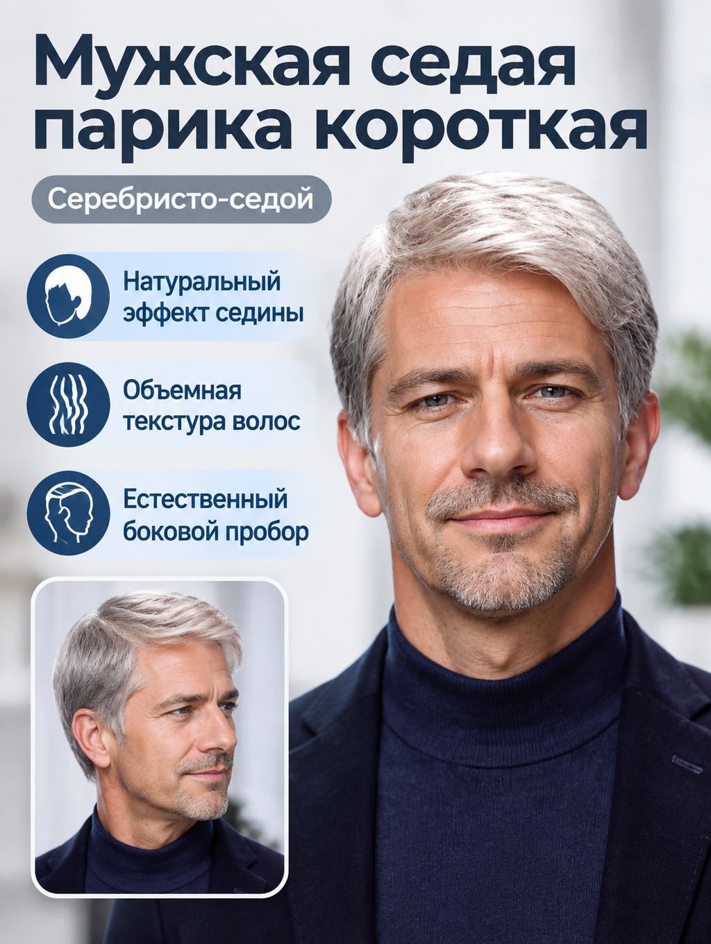 Мужской парик среднего возраста, короткий с боковым пробором, серо-белый, из искусственных волос