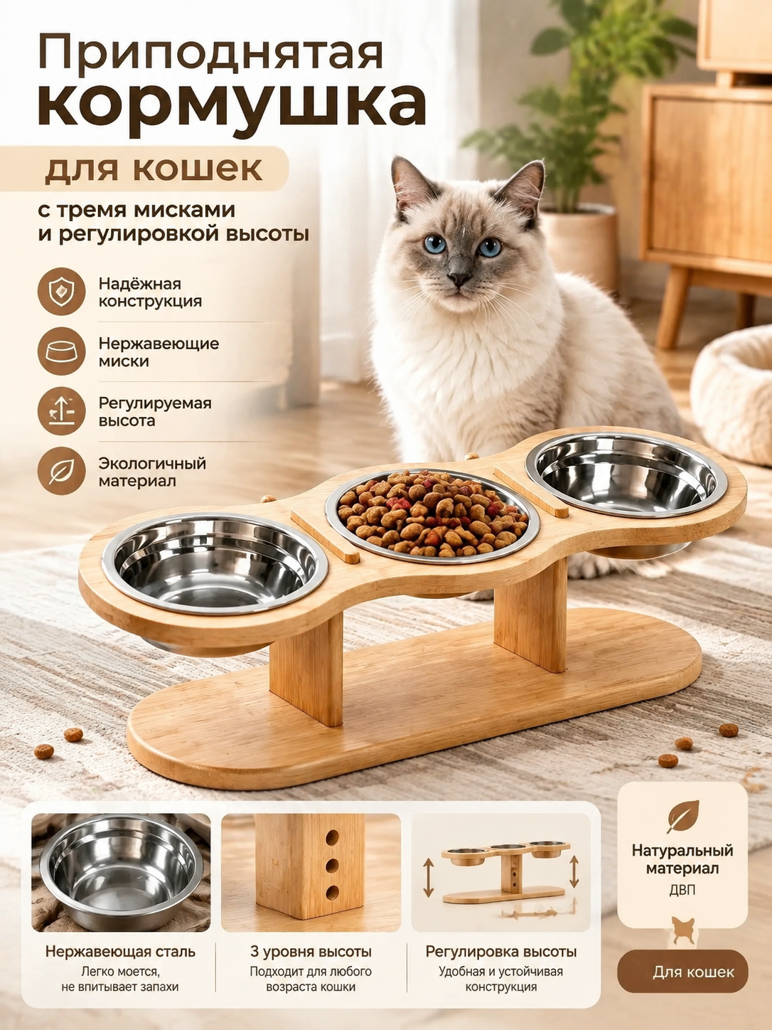 Приподнятая кормушка для кошек с тремя мисками и регулировкой высоты