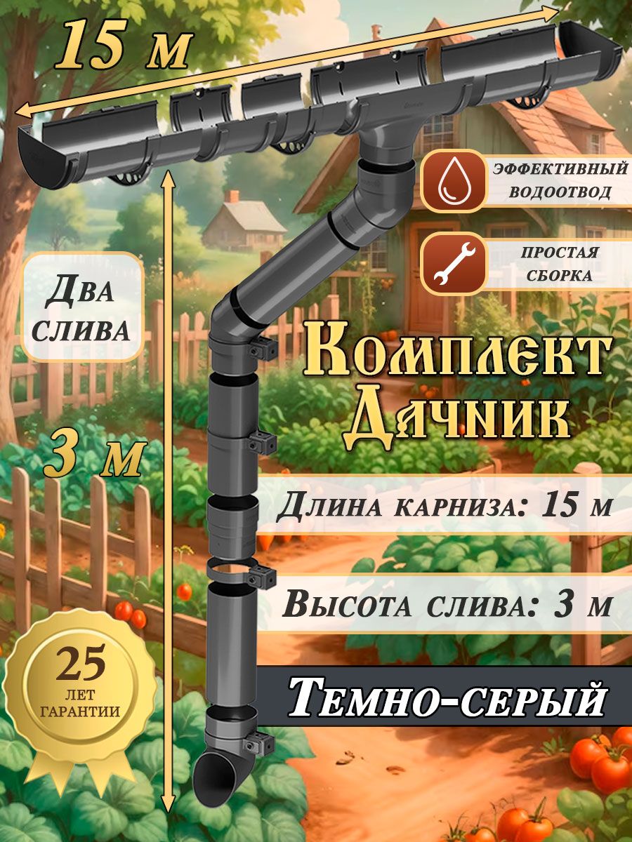Водосточная система ПВХ Дачник 15 м 2 слива 120/80 мм отвода, комплект водостока для крыши пластиковый RAL 7024 серый