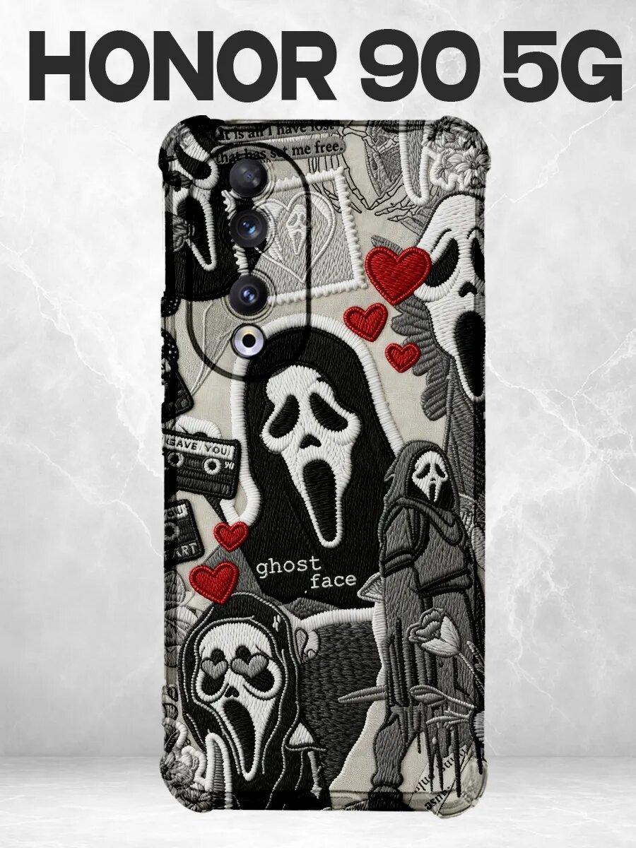Чехол на Honor 90 5G с принтом Черно-белый коллаж Ghostface