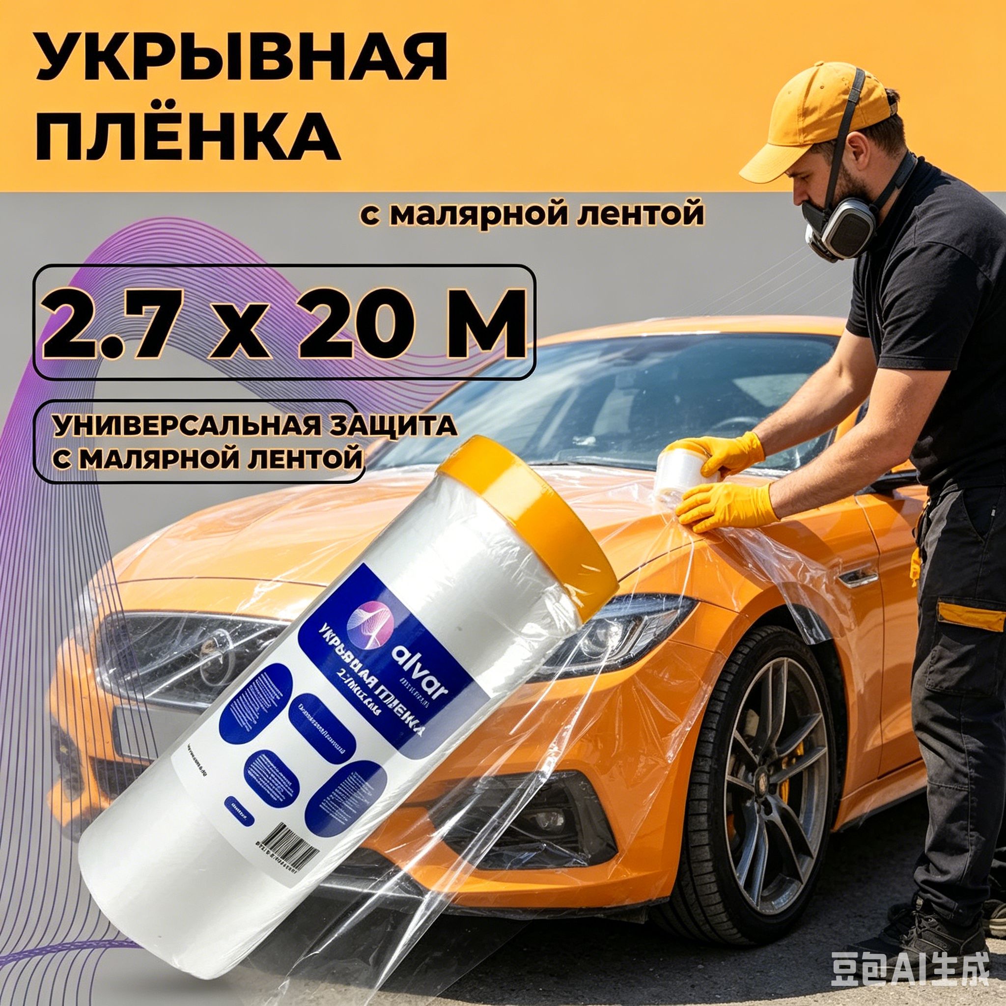 Укрывная пленка с малярной лентой 2,8 х 20 м защита от пыли, грязи и краски при ремонте, для пола, мебели и окон, во время покраски стен и потолка