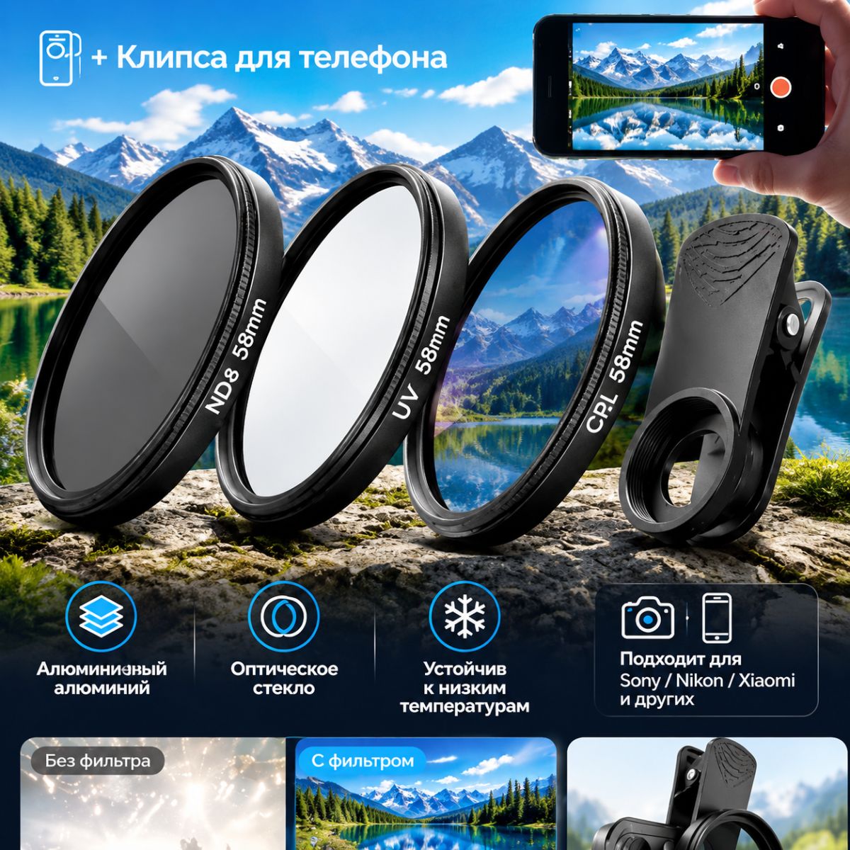 ND4. UV. CPL фильтр 67 мм для телефона и смартфона, , камеры, смартфона фото и видео
