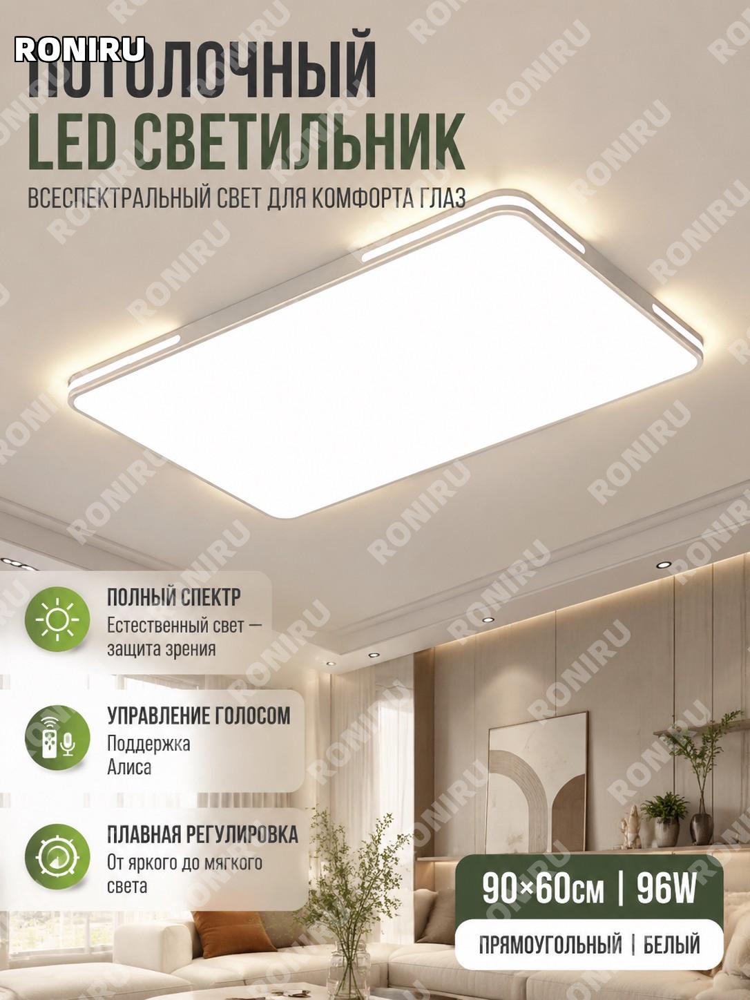 Потолочный светильник 90×60 см 96W прямоугольный LED акриловый белый Full Spectrum с управлением XiaoAI для дома