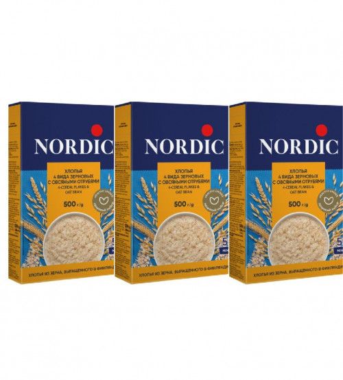 Nordic Хлопья 4 вида зерновых-овсяные отруби, 500 г,3 упаковки
