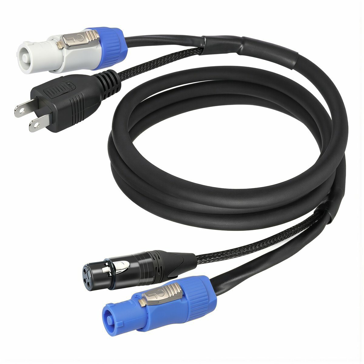 Прочный кабель для проведения на сцене комбинированный PowerCon и XLR 3 пин DMX длина 1 метр чёрный для стабильного соединения осветительных приборов, 1 м