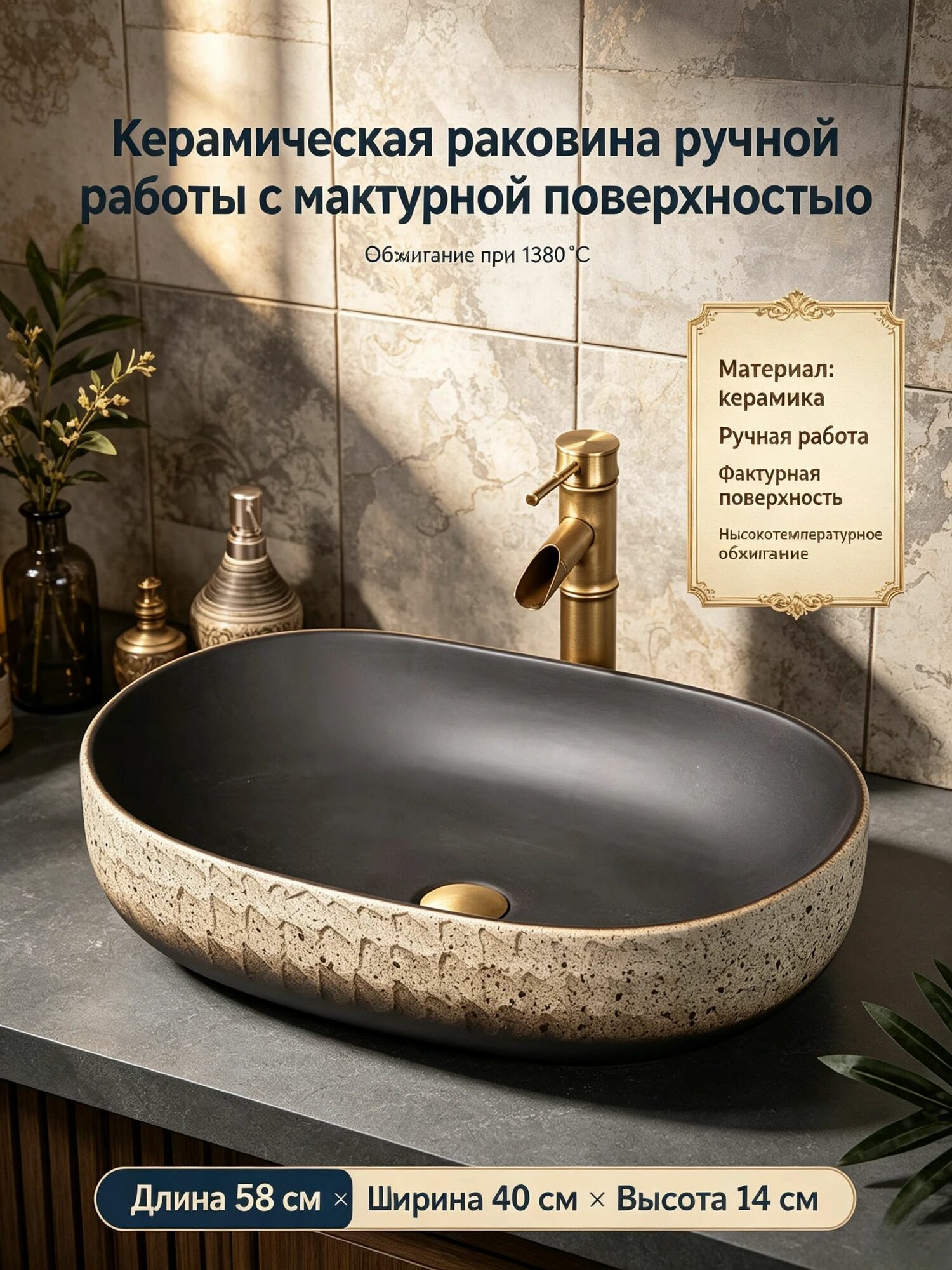 Накладная керамическая раковина овальная ручной работы 58х40х14 см, фактурная поверхность, умывальник для ванной комнаты, обжиг 1380