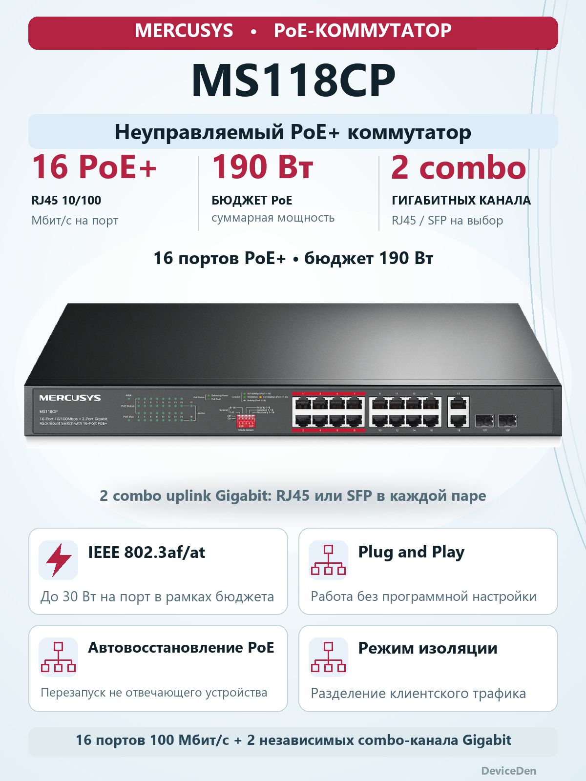 Mercusys MS118CP неуправляемый PoE-коммутатор, (L2), 16x100Мбит/с, 2x1Гбит/с, 16PoE+, 2xКомбо(1000BASE-T/SFP)