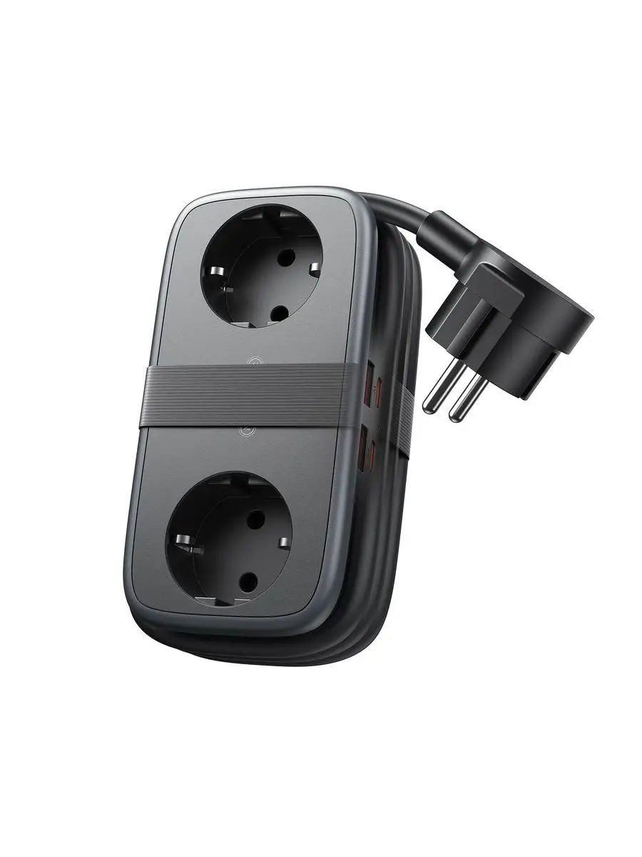 NTONPOWER Удлинитель с 2 розетками и USB-C 65W PD, плоская вилка, быстрая зарядка, 2500Вт, 1.5м, для дома/офиса/путешествий, черный