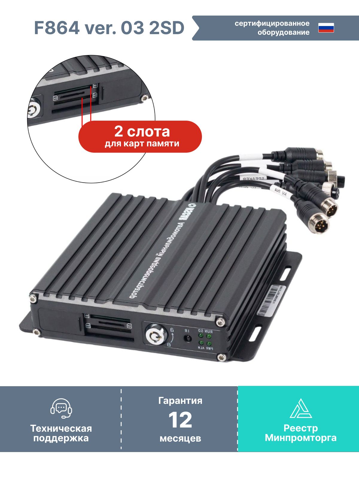 Автомобильный видеорегистратор NSCAR F864 ver.03 на 4 камеры, сертифицирован по ПП 969 для установки в автобусы и другой общественный транспорт, под