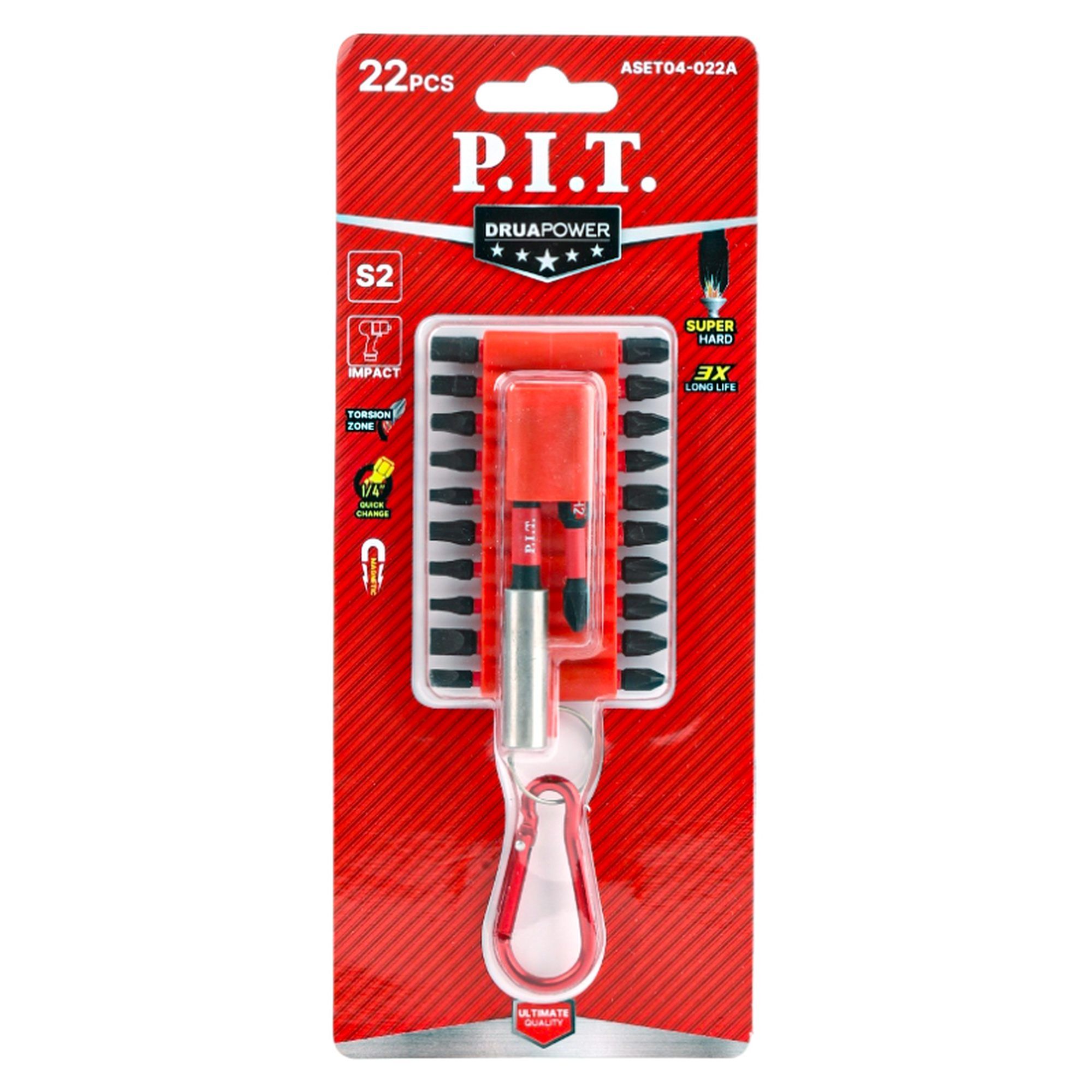 Набор ударных магнитных бит на брелоке P.I.T. DRUA ASET04-022A (22шт, HEX 1/4", держатель, сталь S2)