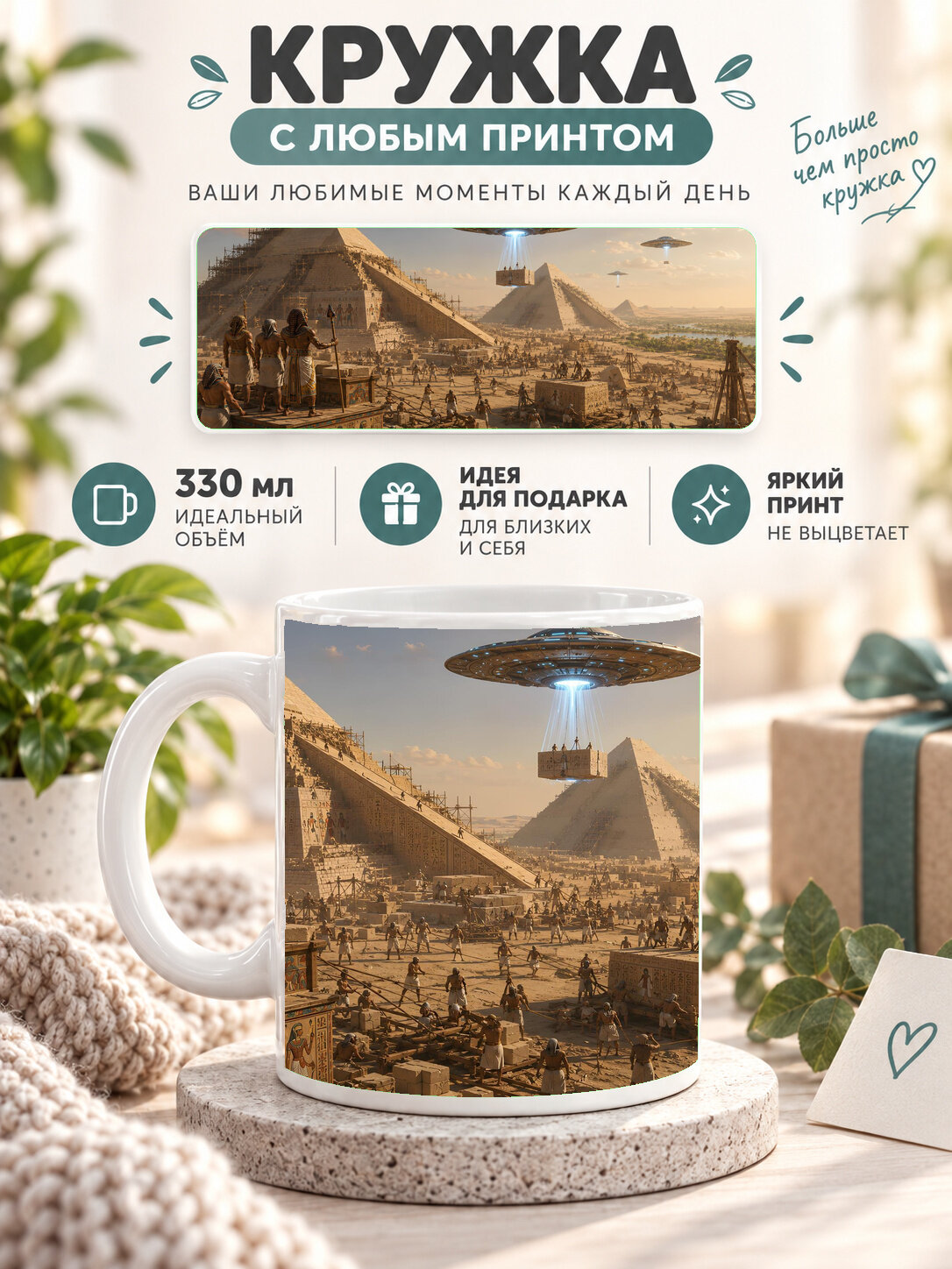 Кружка керамическая 330 мл белая с принтом ancient egyptian pyramid with ufo sky, для чая и кофе
