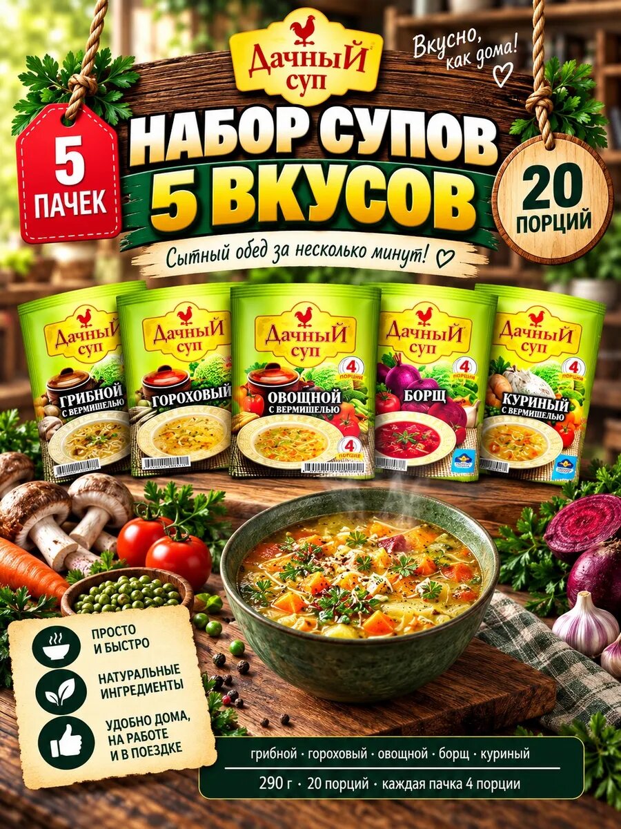 Набор супов 5 вкусов 290г грибной гороховый овощной борщ кур
